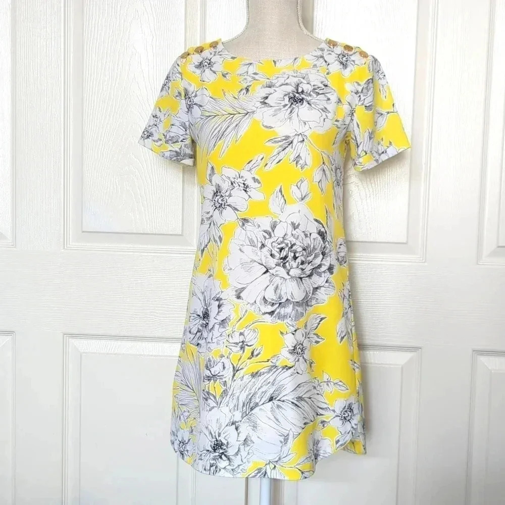 Juicy Couture Bright Yellow Floral Shift Dress Gold logo Buttons